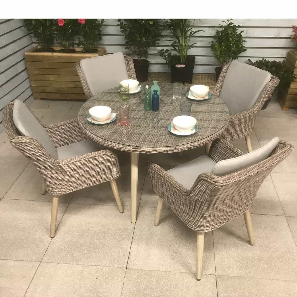 Signature WeaveSignature Weave DANIELLE Round Dining Table In Fine Grey Wicker With Retro Legs & 4 ChairsOutdoor DiningDANI0164Luxury Garden Decor