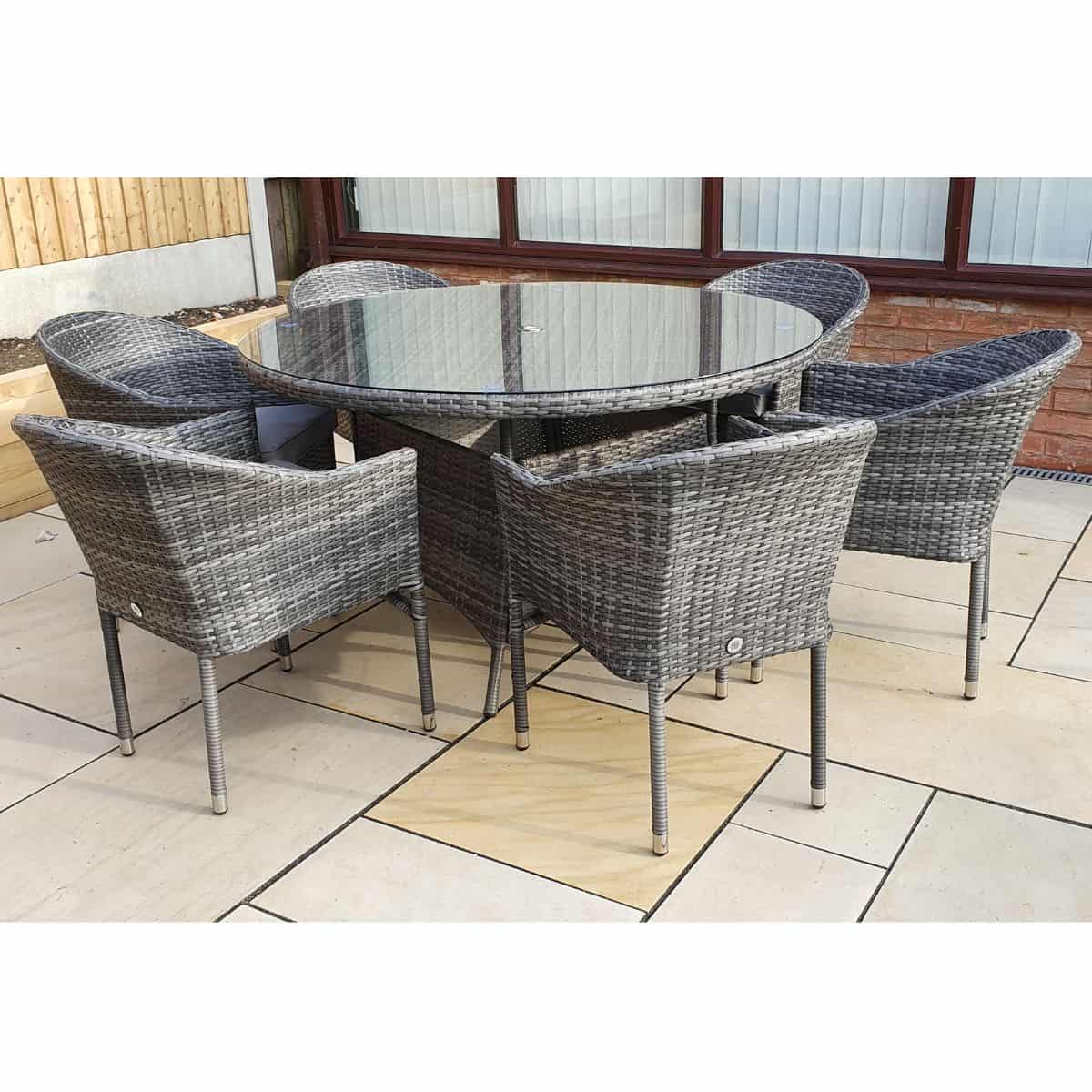 Signature WeaveSignature Weave EMILY Garden Dining Set With 135cm Round Table And 6 Stacking Chairs In Flat Grey WeaveOutdoor DiningEMIL0211_0208Luxury Garden Decor