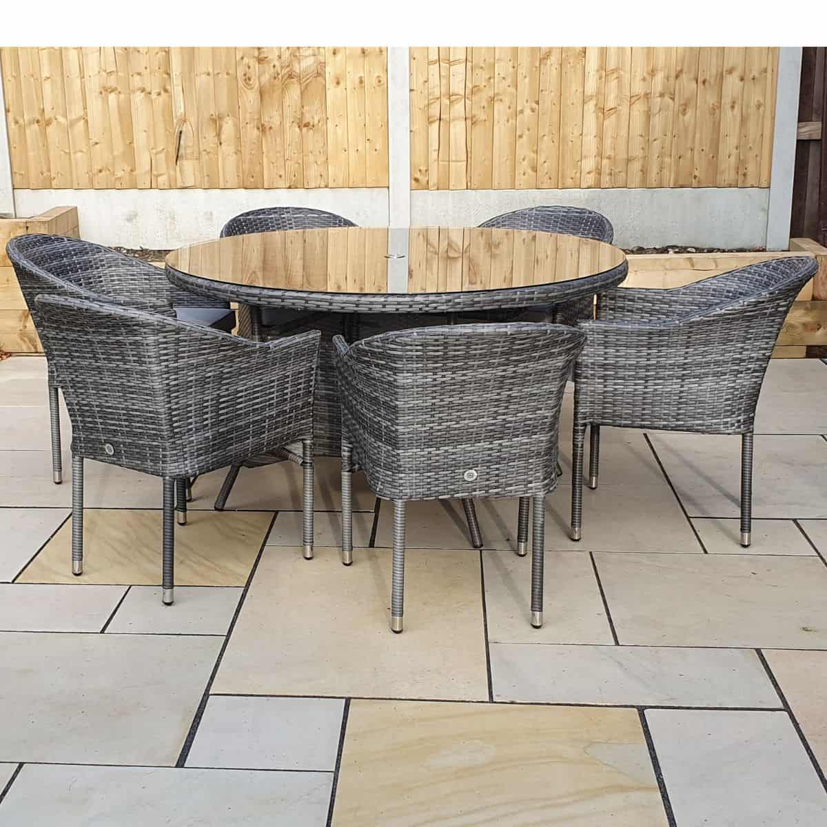 Signature WeaveSignature Weave EMILY Garden Dining Set With 135cm Round Table And 6 Stacking Chairs In Flat Grey WeaveOutdoor DiningEMIL0211_0208Luxury Garden Decor