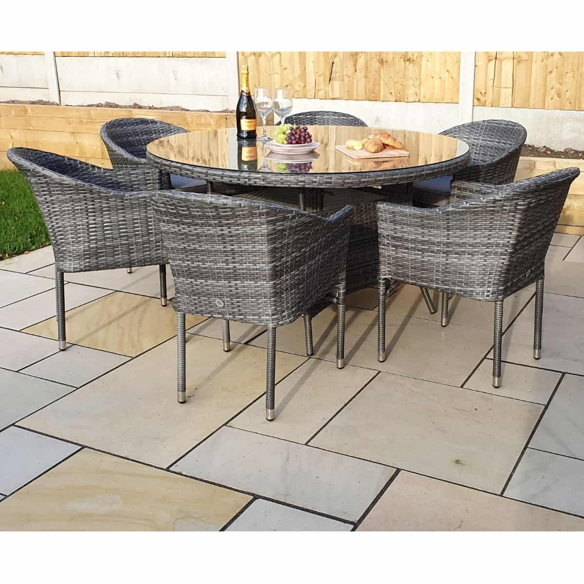 Signature WeaveSignature Weave EMILY Garden Dining Set With 135cm Round Table And 6 Stacking Chairs In Flat Grey WeaveOutdoor DiningEMIL0211_0208Luxury Garden Decor